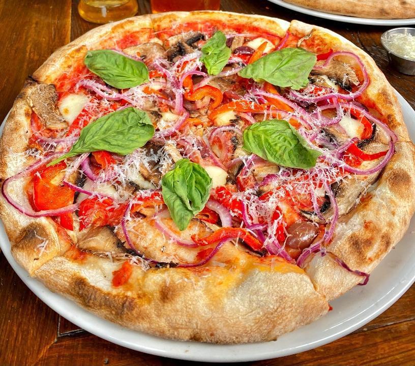 Veggie Pizza · crushed tomato, mozzarella, parmesan, roasted red bell pepper, red onion, kalamata olives, portobello mushrooms