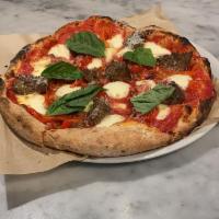Beef Meatballs and Fire Roasted Peppers Pizza · crushed tomato, mozzarella, parmesan, torn basil