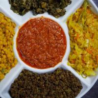 Veggie combo platter  · Red lentil, yellow lentil, brown lentil, collard green, cabbage ,