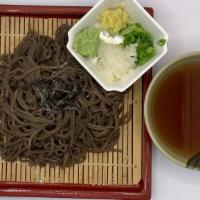Zaru Soba · Cold buckwheat noodles with dipping sauce. Noodles cooked in broth. Served with salad.