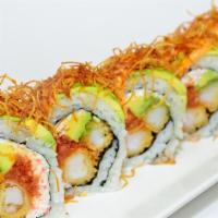 **Fat Pops · In :Shrimp tempura, Spicy tuna, avocado, crab meat
Out :Avocado on top w/sweet sauce, spicy ...