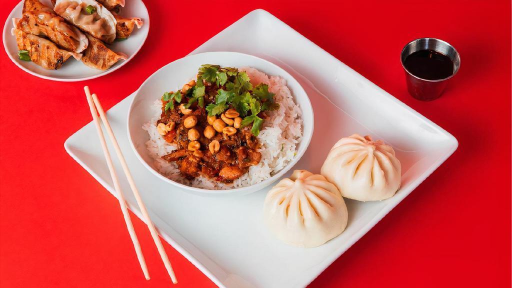 Bowl + 2 Bao · A choice of Teriyaki Chicken, Spicy Kung Pao Chicken, or Orange Chicken bowl, and 2 Teriyaki Chicken, BBQ Berkshire Pork, Spicy Mongolian Beef, Whole Wheat Vegetable, or Cheeseburger bao.