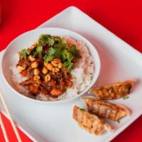 Bowl + 3 Potstickers · A choice of Teriyaki Chicken, Spicy Kung Pao Chicken, or Orange Chicken bowl, and 3 Green Ve...