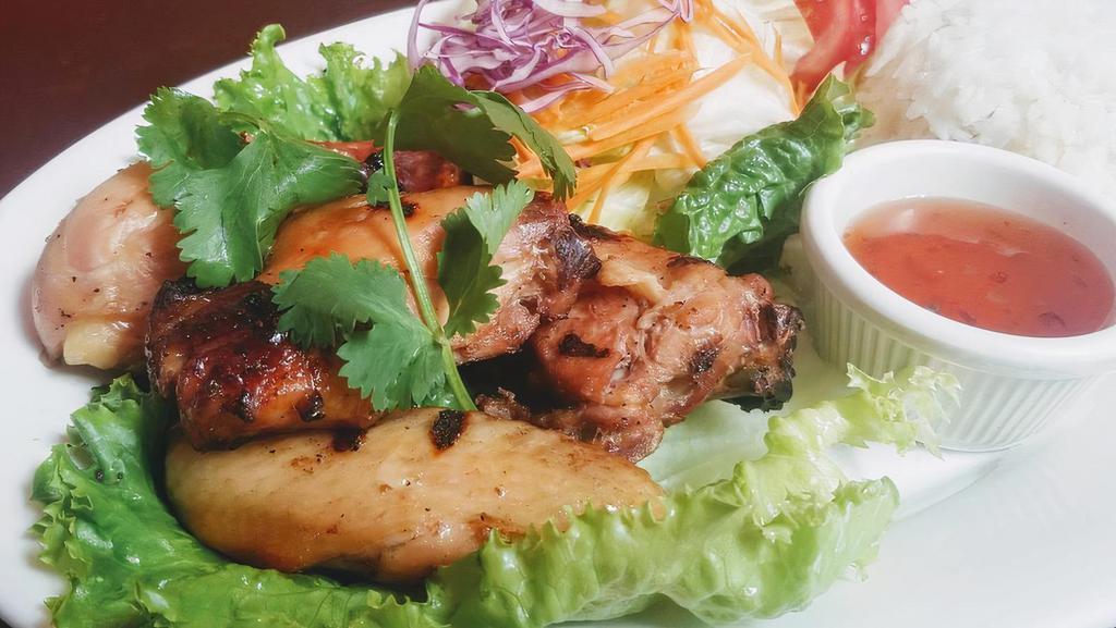 BBQ Chicken · Grilled honey-marinated bone-in chicken; served with spicy sweet and sour sauce. Served with salad and steamed jasmine rice (takes approx. 15 minutes).