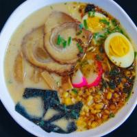 Tonkotsu ramen · Noodle soup is a creamy broth with a rich pork flavor. This broth is then mixed with a blend...