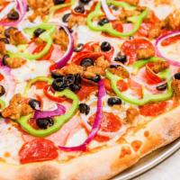 Supreme Combo · Pepperoni, linguiça, sausage, mushrooms, green, peppers, onions and olives.