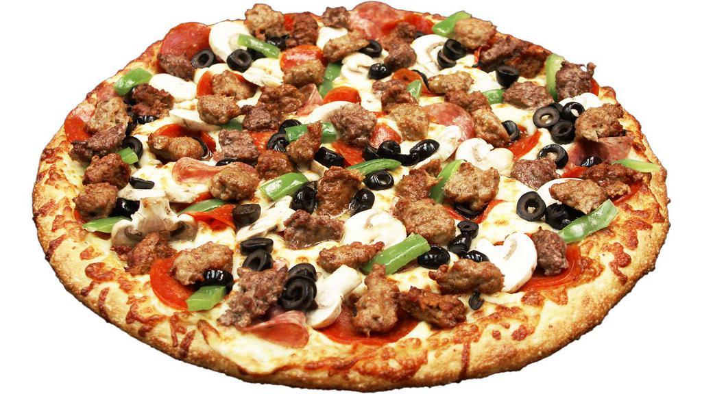 Combination · House tomato sauce, 3-cheese blend, salami, pepperoni, fresh mushrooms, green pepper, house-made spicy sausage, black olives, house-made sausage, ground beef.