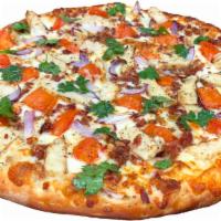 Chicken Bacon Ranch · House creamy garlic sauce, 3-cheese blend, bacon, baked chicken breast, tomatoes, red onions...
