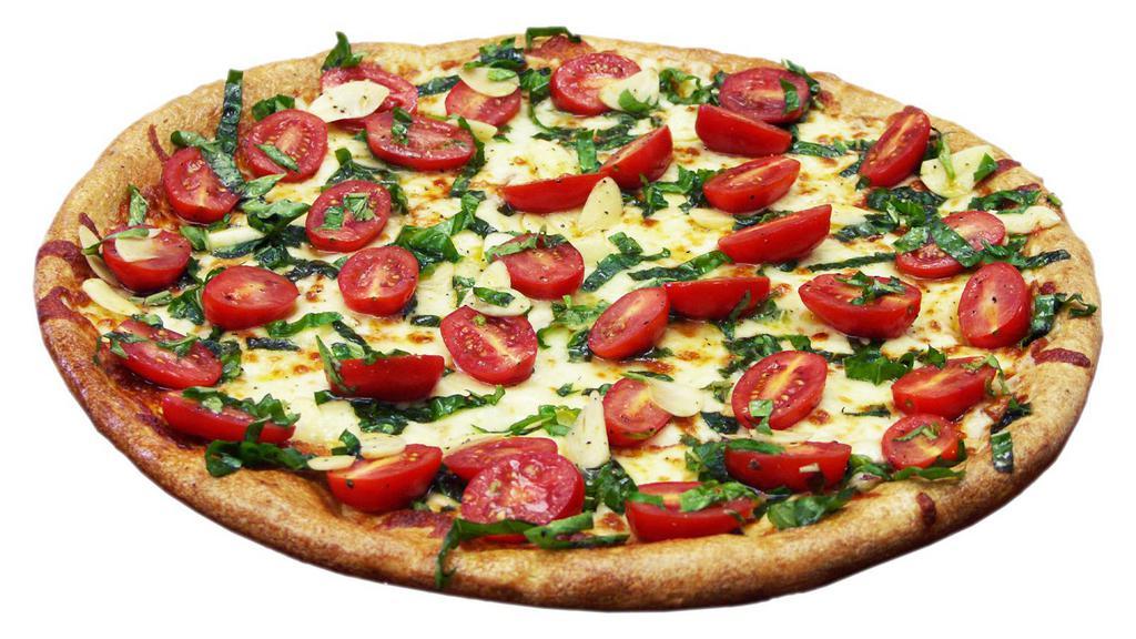 Margherita · House tomato sauce, 3-cheese blend, fresh garlic, basil, Roma tomatoes all tossed with olive oil.