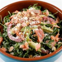 Smoked Trout Salad · Organic baby arugula, slivered almonds, queso fresco, avocado, fennel, pickled red onion, an...