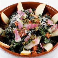 Organic Lacinato Kale Salad · Roasted squash, apple, cotija, crispy quinoa, watermelon radish, and roasted pepitas with cu...