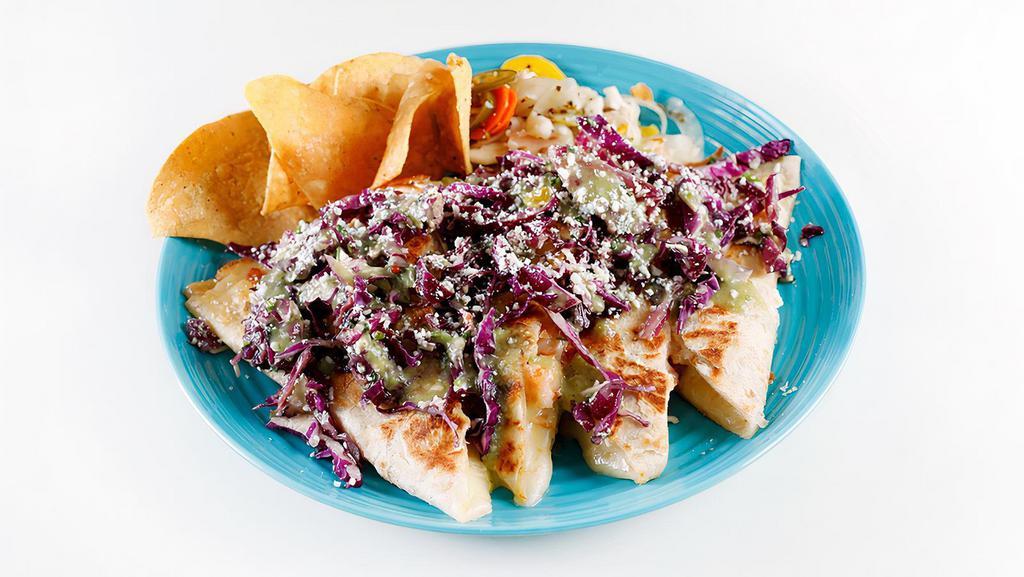 Shrimp Quesadilla · Pan-seared marinated shrimp, grilled onions, roasted poblano peppers, queso oaxaca, and purple cabbage ceasar slaw. Served in fresh-made la palma flour tortillas.