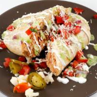 Grilled Chicken Burrito · Chipotle stewed chicken, queso oaxaca, borracho beans, cilantro rice, avocado salsa verde, l...