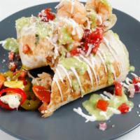 Shrimp Burrito · Pan-seared shrimp, borracho beans, cilantro rice, pico de gallo, lime crema, grilled onions,...