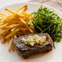 Chef’s Featured Steak · organic baby spinach, calabrian chili butter, salt & pepper crush french fries and kalamata ...