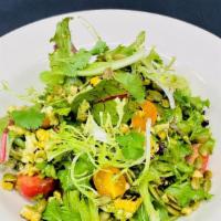 Cilantro Lime Salad  · Organic baby greens, jack cheese, heirloom tomatoes, grilled corn, pumpkin seeds, cilantro l...