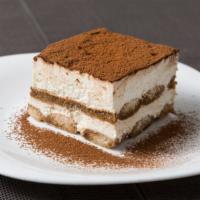 Tiramisu · Classic Italian dessert prepared with coffee dipped ladyfingers, mascarpone cheese, and cocoa.