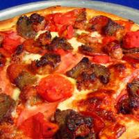 The Da Vinci (Large) · Pizza Sauce, Pepperoni, Canadian bacon, salami, Italian sausage, linguica, and meatballs. Ou...