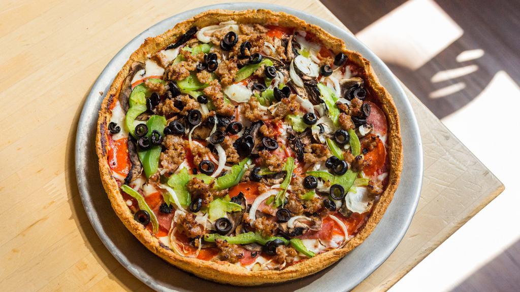Napoleon (Medium) · Pepperoni, Canadian bacon, salami, Italian sausage, green peppers, mushrooms, black olives, and onions. Everything but the kitchen sink (almost).