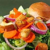 House Salad · Vegetarian. Vegan. Mixed greens, Roma tomatoes, cucumbers, red onions, carrots and homemade ...