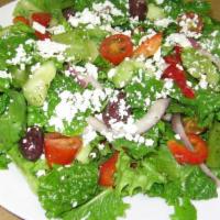 Greek Salad · Vegetarian. Fresh cut lettuce mixed with grape tomatoes, cucumbers, red onions, red bell pep...