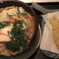 Nabeyaki Udon and Soba · Hot thick  and  buckwheat noodle soup with shrimp tempura, egg, chicken & mushroom served in...