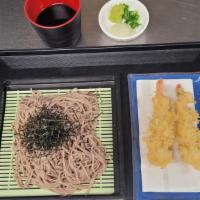 Tenzaru Soba · Cold buckwheat noodle with shrimp tempura.