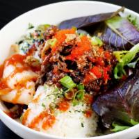 Beef Bowl · Korean BBQ beef, sautéed onions, red sauce, masago, kimchi, green onions, sesame seeds, frie...