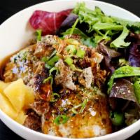 Teriyaki Zen Bowl · Vegetarian. Soy and Portobello mushroom patty, pineapple, teriyaki sauce, green onions, frie...