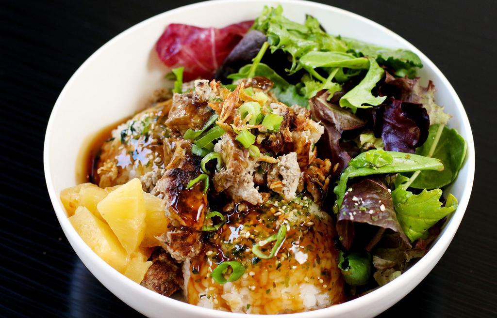 Teriyaki Zen Bowl · Vegetarian. Soy and Portobello mushroom patty, pineapple, teriyaki sauce, green onions, fried shallots.