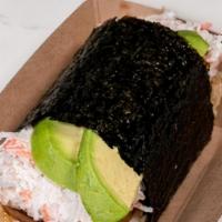 California Musubi · Rice, spam, teriyaki sauce, imitation crab salad, avocado, nori
