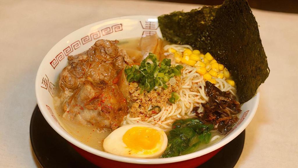 Oxtail Ramen · Oxtail, shio broth, soft boiled egg, seaweed slice, bean sprouts, black fungus, bamboo shoots, corn and green onions. Add additional items for an upcharge,