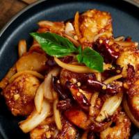 Superstar Shrimp · Shrimp and onions wok-tossed with a sweet soy & chili garlic glaze