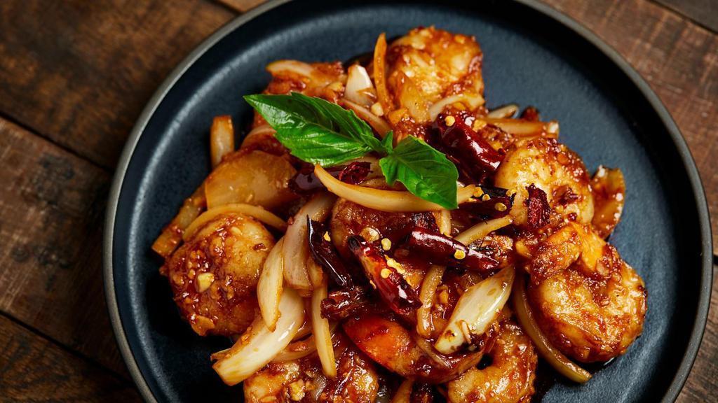 Superstar Shrimp · Shrimp and onions wok-tossed with a sweet soy & chili garlic glaze