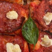 Pinsa Diavola · Spicy Calabrian soppressata salame, san Marzano tomato sauce, stracchino  & fresh basil