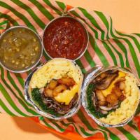 Veggie Spinach and Mushroom Breakfast Burrito · Two scrambled eggs with crispy home fries, melted cheese, spinach, and mushrooms wrapped up ...