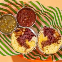 Delicious Deli Pastrami Breakfast Burrito · Two scrambled eggs with deli-style pastrami, crispy home fries, melted cheese, and carameliz...