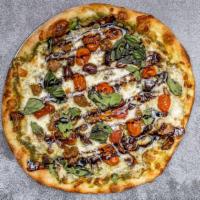Kratos · Mozzarella, fire-blistered cherry tomatoes, spicy Italian sausage, olives, figs, finished wi...