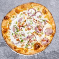 Pegasus · Fontina, oregano, thinly-sliced purple potatoes, bacon, finished with green onions, creme fr...