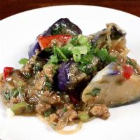 Mabo Eggplant Salad · Fried eggplant mixed with ground all natural chicken in a “Piri Kara” chili sauce with ginge...