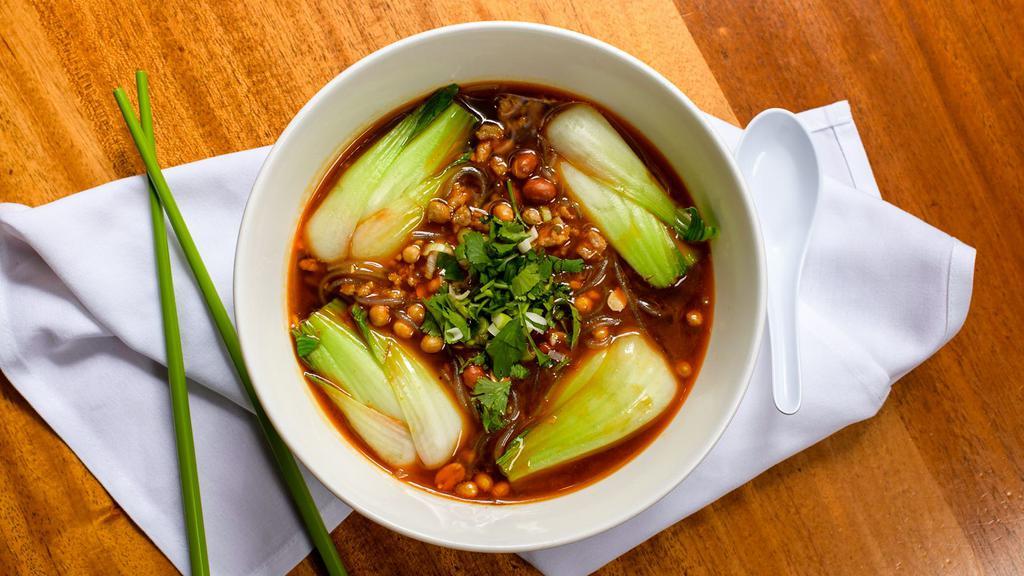 Hot & Sour Glass Noodle Soup with Nuts & Soy · Spicy.