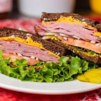Pastrami Sandwich · Includes mustard, mayonnaise, lettuce, tomato, pickles, onions, peperoncino, jalapeno, oil, ...