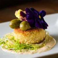 Dungeness Crab Cake · Remoulade, baby frisee, caperberry.