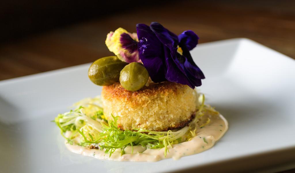 Dungeness Crab Cake · Remoulade, baby frisee, caperberry.