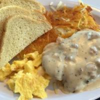 Chicken Fried Steak & Eggs · Chicken Fried Steak topped with our homemade gravy, three eggs, hashbrowns and toast