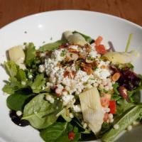 Pasha Salad · Pearl couscous, spring mix, artichoke hearts, piquillo peppers, toasted almonds, tomato, fet...