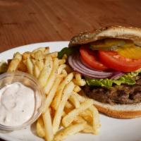 Mediterranean Burger · Served with French Fries. Painted hills natural burger, pickles, lettuce, tomato & red onion...