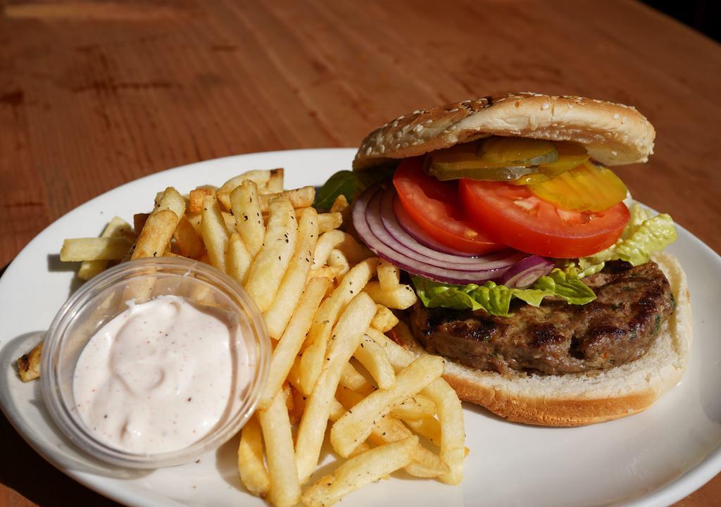Mediterranean Burger · Served with French Fries. Painted hills natural burger, pickles, lettuce, tomato & red onions in sesame bun. Add cheese for an additional charge.