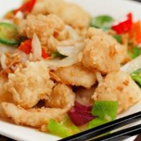 A9. Salt & Pepper Calamari · Crispy calamari wok tossed in garlic, onion, jalapeno.