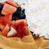 Fresh Belgian Berry Waffle · Waffle Topped w/Strawberries, Blueberries & Whipped Cream